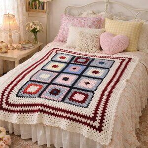 Grannycore blanket hand knit Vintage Square Afghan Throw Multi Colour